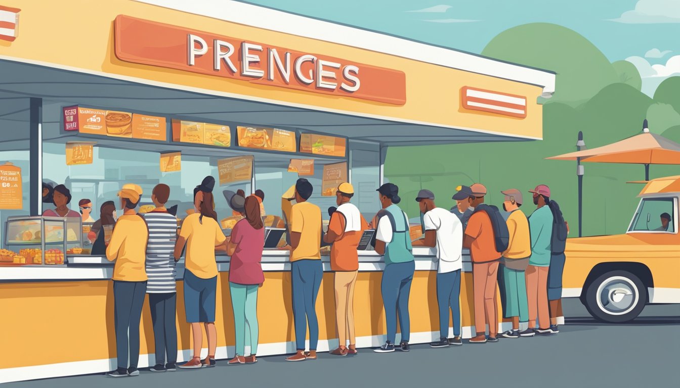 A line of customers at a busy fast-food drive-in, comparing prices and value propositions on their menus