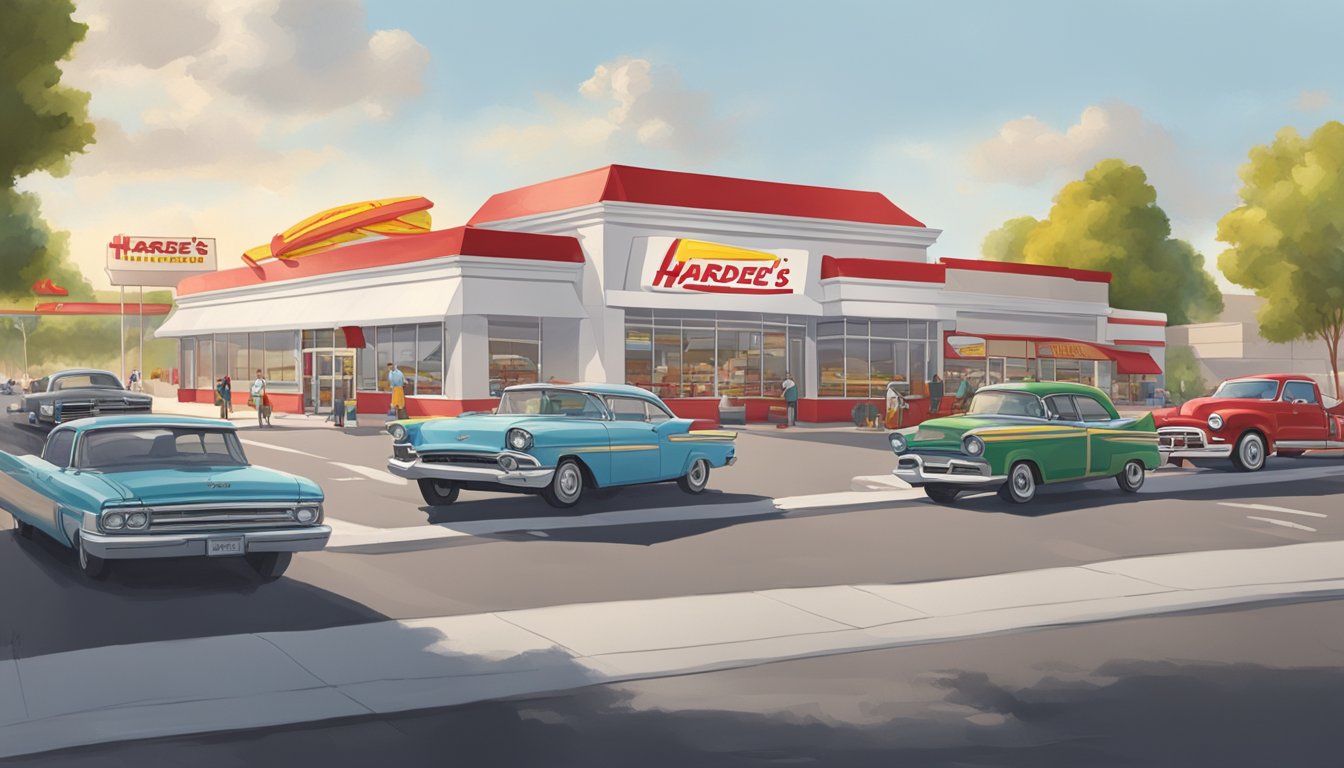 A bustling In-N-Out Burger with a line of cars wrapped around the building, while a newly renovated Hardee's sits empty with a "Grand Reopening" sign