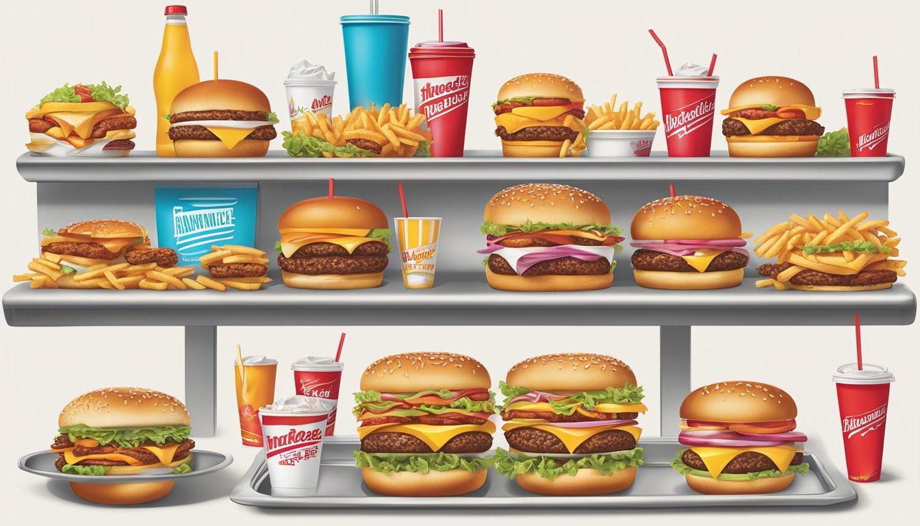 A colorful array of burgers, fries, and drinks displayed on trays at In-N-Out Burger and Hardee's, showcasing the variety of menu offerings