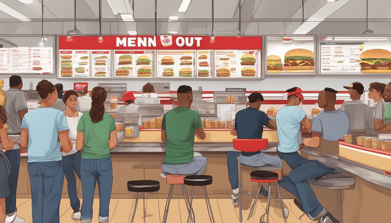 A crowded counter with menu boards displaying In-N-Out Burger and Five Guys offerings. Customers waiting in line, staff taking orders