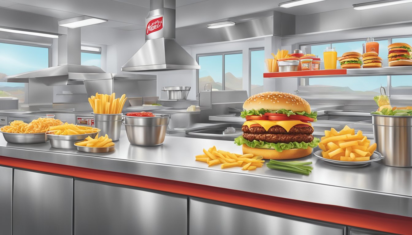 A colorful array of fresh, high-quality ingredients being prepared in the kitchen of In-N-Out Burger contrasts with the industrial, processed ingredients at Hardee's