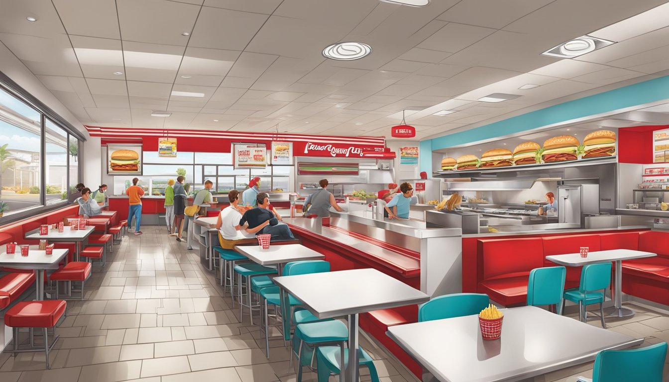 The bustling, fast-paced energy of In-N-Out Burger contrasts with the casual, laid-back vibe of Five Guys. Bright colors and open kitchens create a lively atmosphere in both restaurants