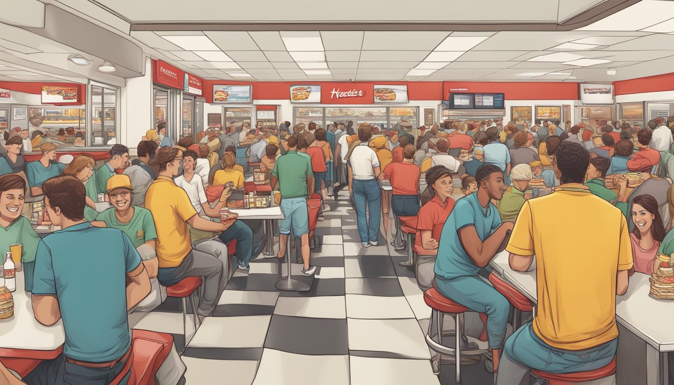 A crowded In-N-Out Burger with long lines and smiling customers, contrasting with an empty Hardee's with a few disinterested patrons