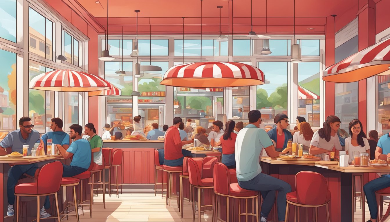 A bustling burger joint with red and white decor, patrons enjoying juicy burgers and crispy fries