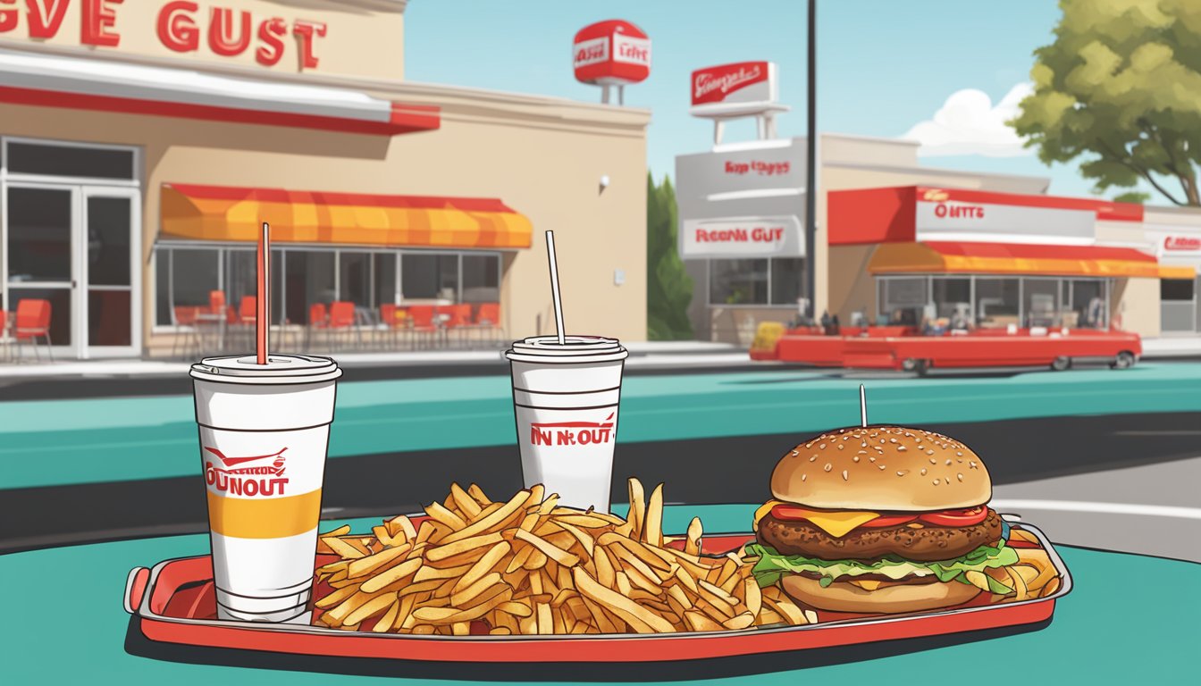 A table with two trays of burgers, fries, and drinks. In-N-Out logo on one tray, Five Guys logo on the other