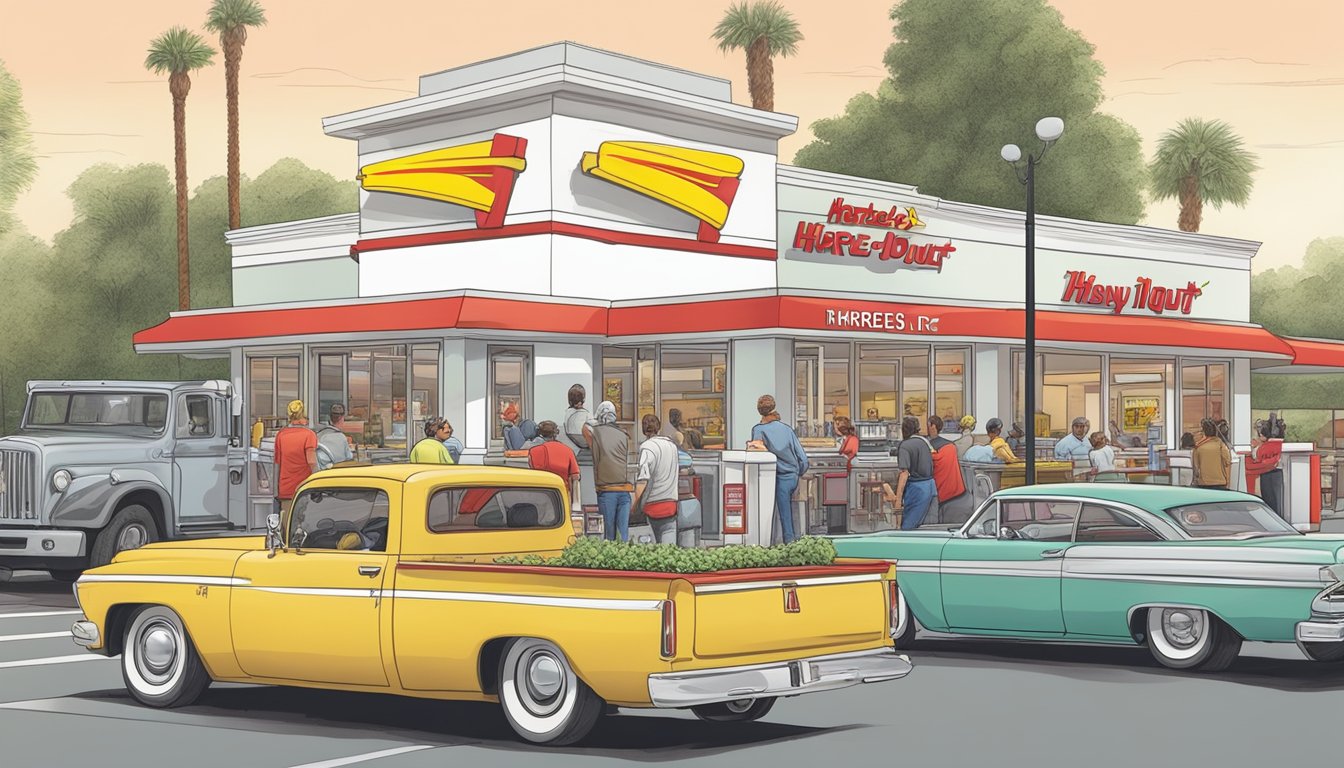 A busy In-N-Out Burger with a line of customers at the counter, while a Hardee's restaurant has a drive-thru with cars waiting to order