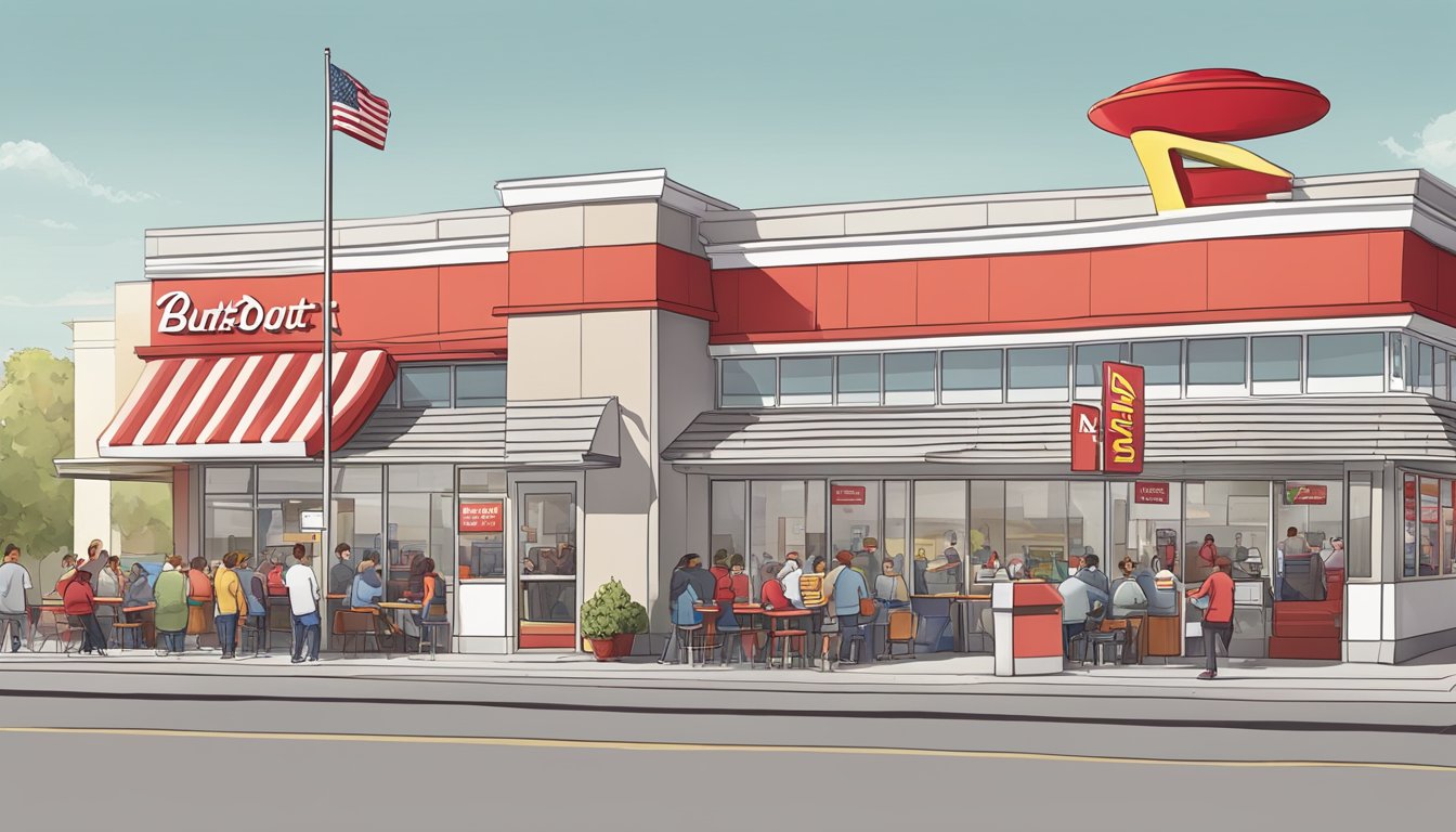 A bustling in-n-out burger restaurant with a long line of customers, while a hardees location sits relatively empty