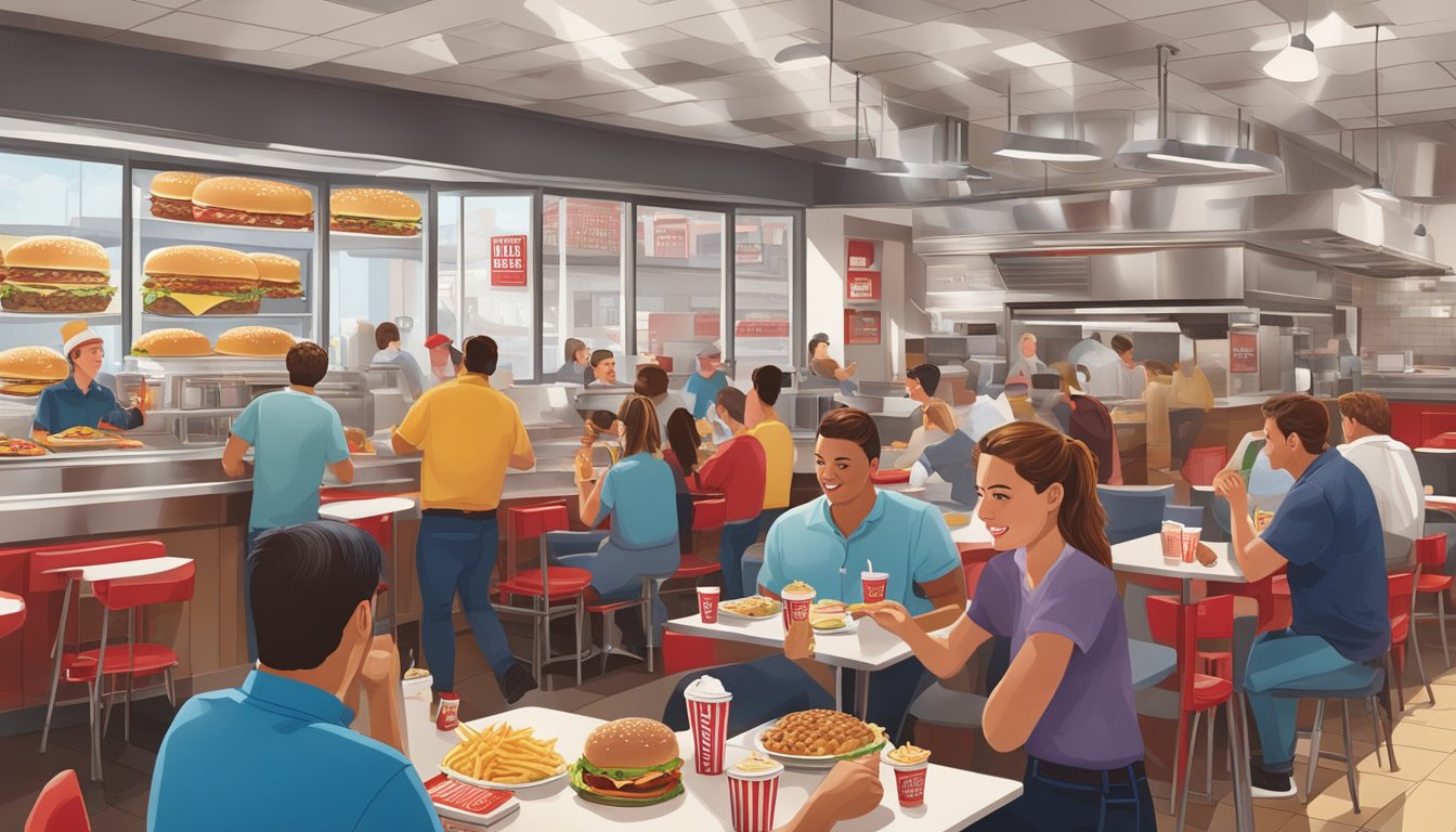 A bustling restaurant with patrons enjoying burgers and fries at Five Guys, while Hardee's features a more relaxed atmosphere with people savoring their meals