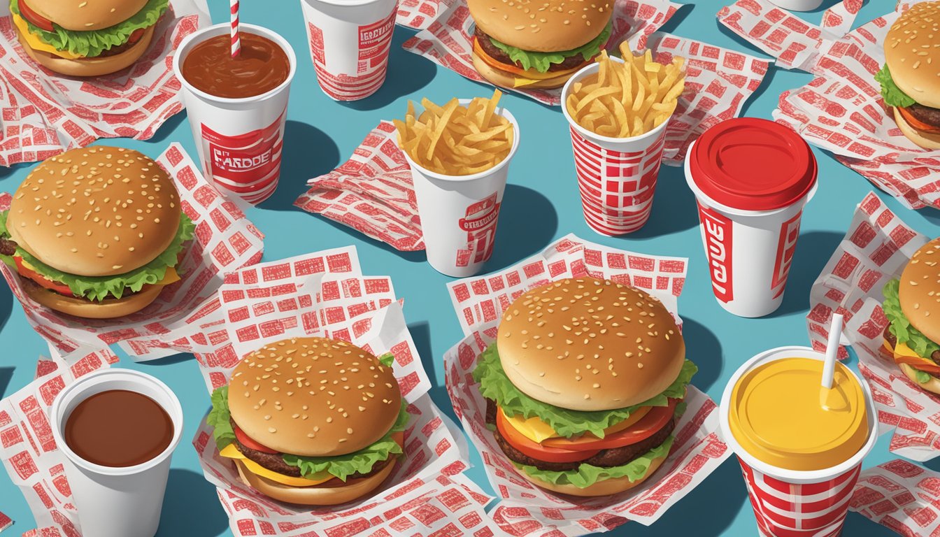 A table with burger wrappers and drink cups from Five Guys and Hardee's, surrounded by scattered napkins and condiment packets