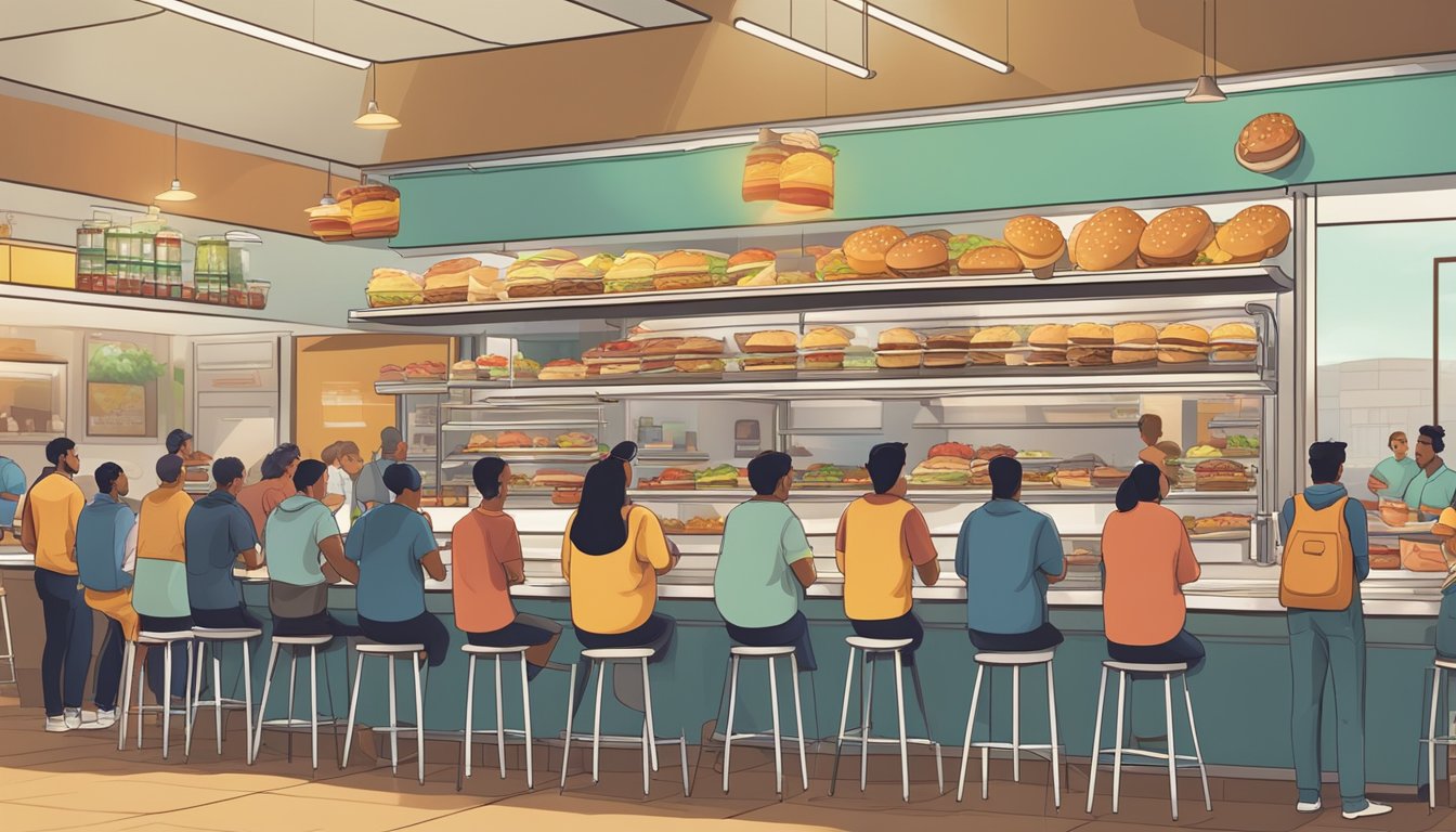 A crowded fast-food restaurant with customers lined up at the counter, employees taking orders, and the aroma of sizzling burgers filling the air