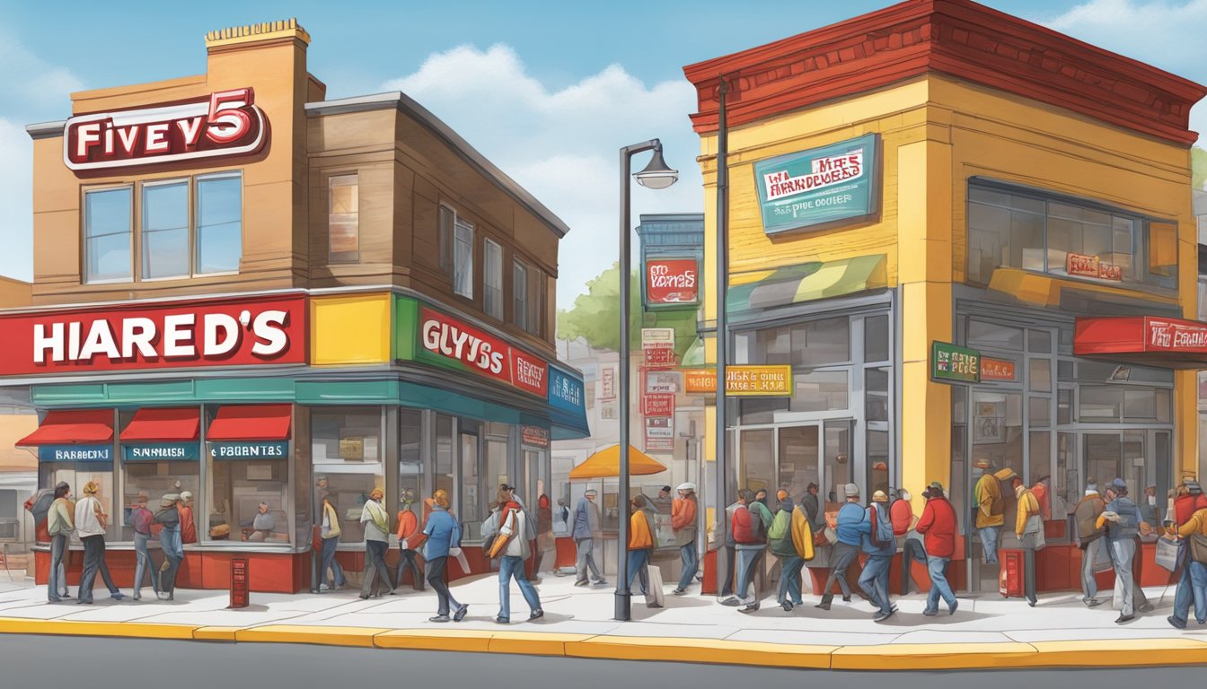 A bustling street corner with colorful signage for Five Guys and Hardee's, with people coming and going from the restaurants