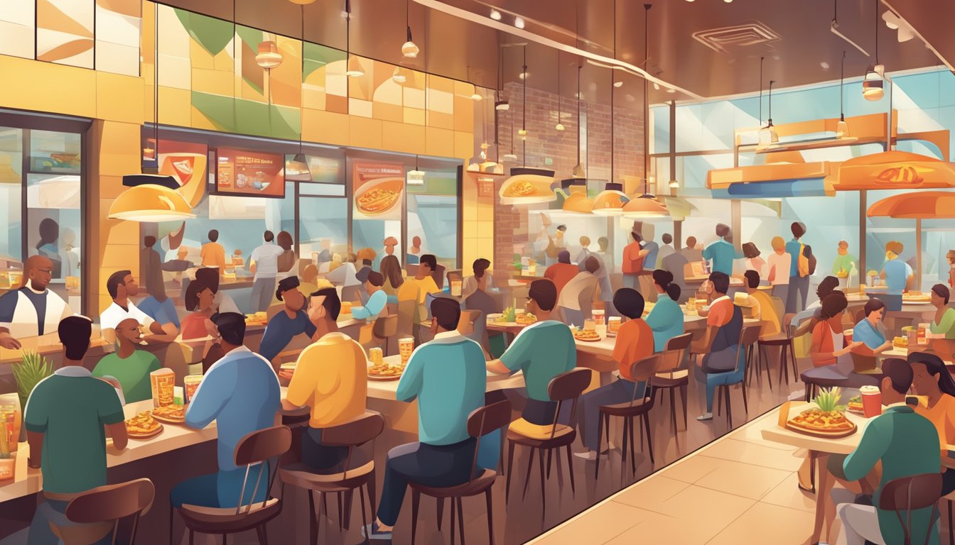 A crowded fast-food restaurant with two distinct logos and branding styles. Customers enjoying burgers and fries in a lively atmosphere