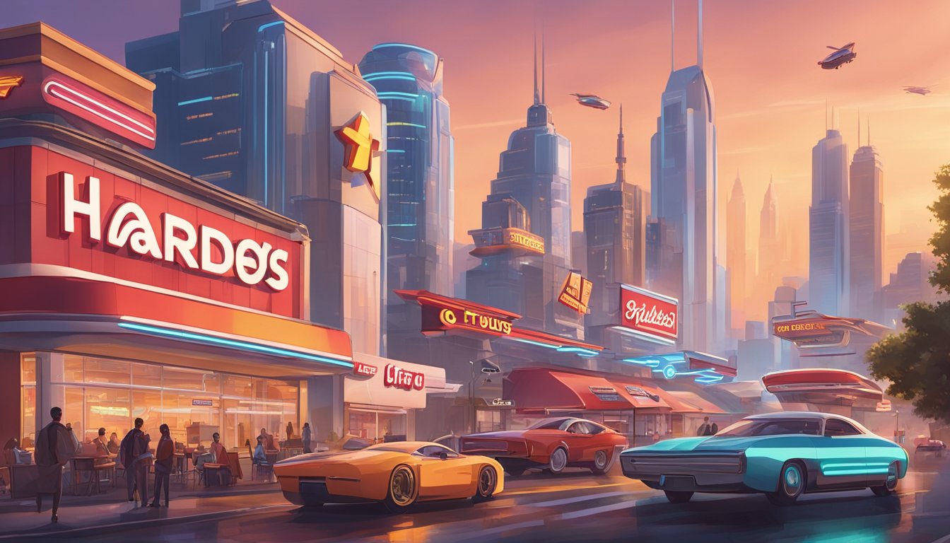 A bustling city street with futuristic buildings, neon signs, and flying cars. The two fast-food restaurants, Future Outlook Five Guys and Hardees, stand across from each other, their logos glowing in the evening sky