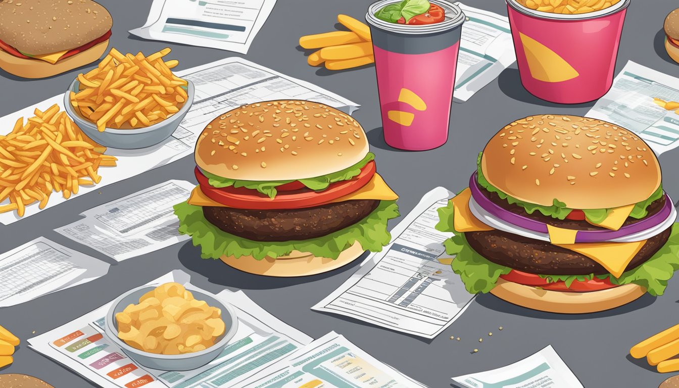 A table with two fast food burgers, surrounded by scattered ingredient labels and nutritional information charts