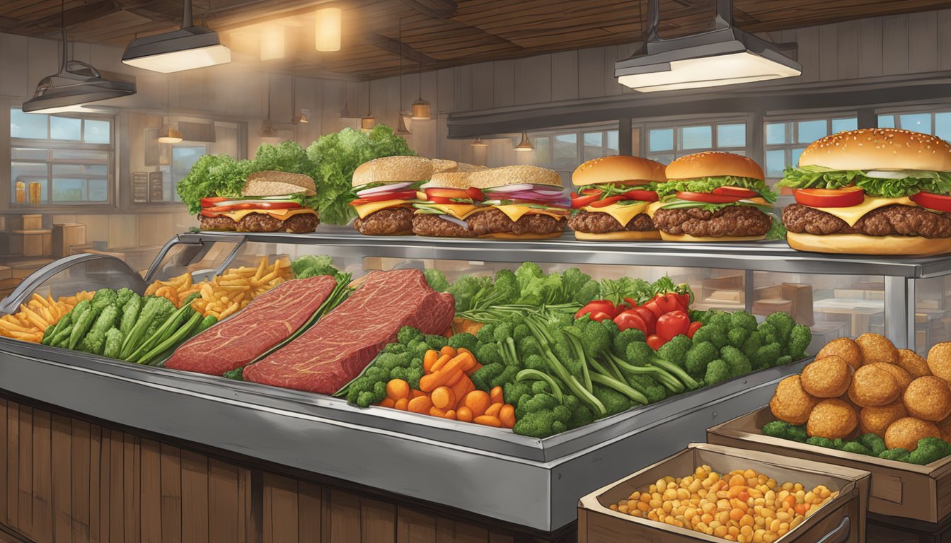 Fresh vegetables and premium beef displayed in a rustic setting for Five Guys, while processed ingredients and factory-farmed meat are shown for Carl's Jr