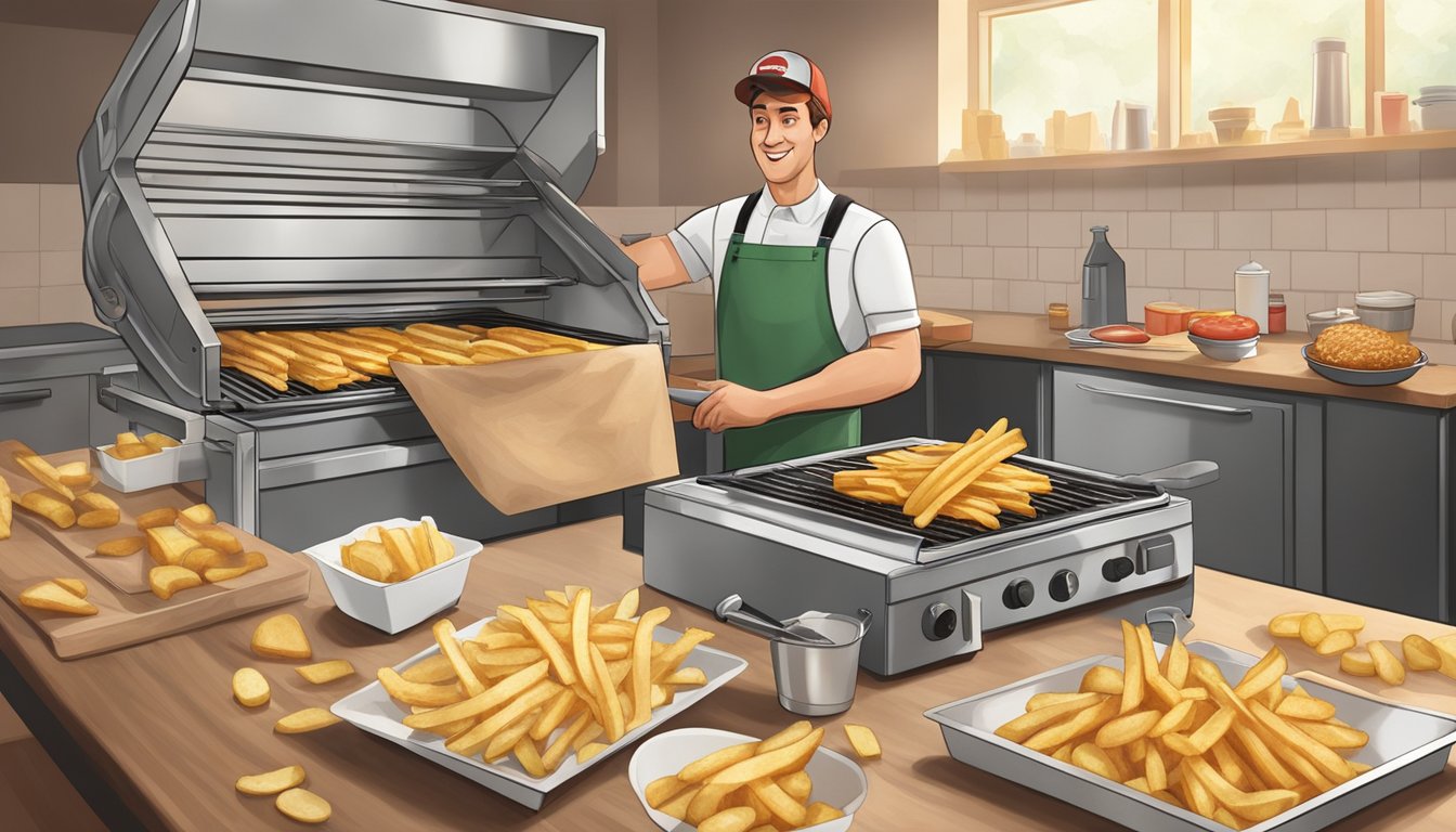 Five Guys: Hand-cutting potatoes into fries. Carl's Jr: Grilling burgers and toasting buns