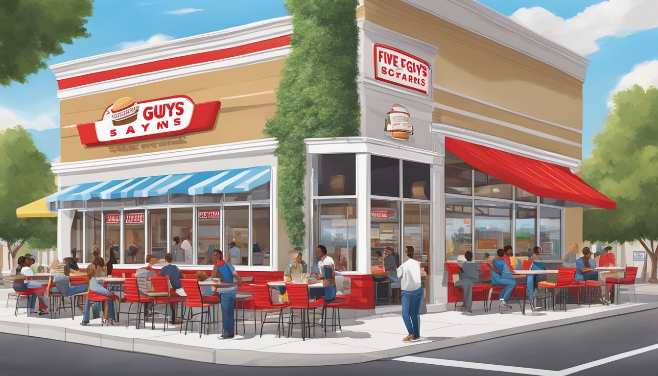 Five guys and Steak 'n Shake logos on storefronts, with colorful outdoor seating and people enjoying burgers and shakes