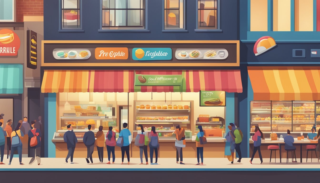 A busy fast food restaurant with two distinct logos on the storefronts, surrounded by bustling customers and a visible price board