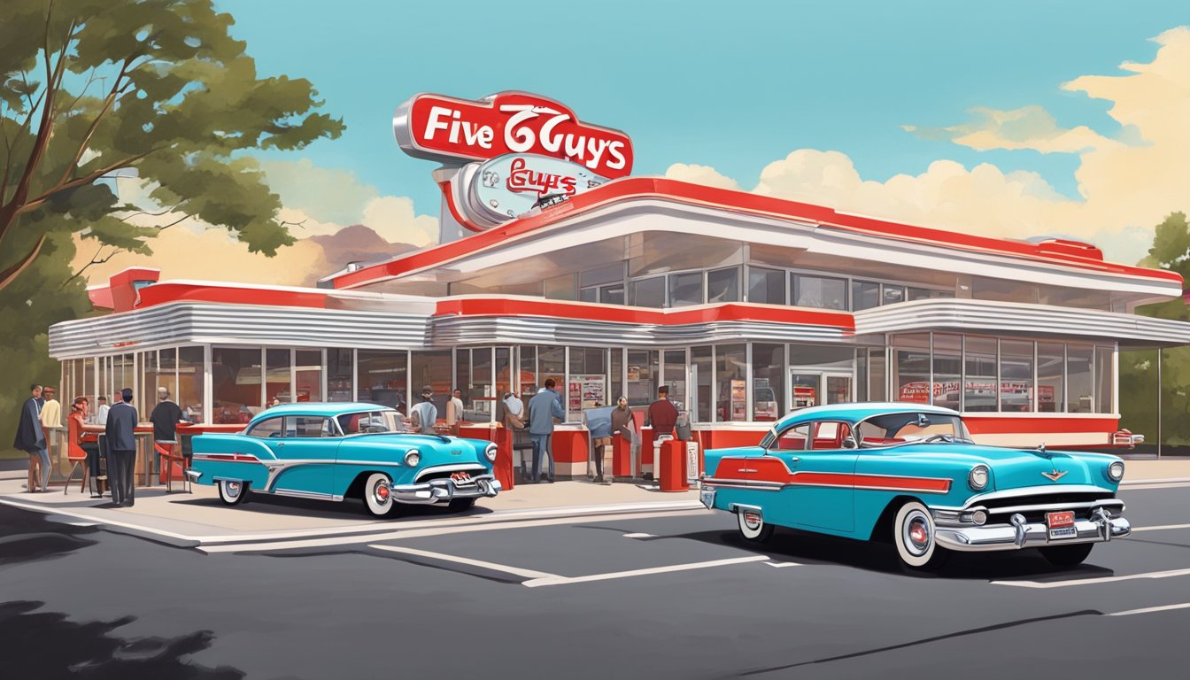 A bustling 1950s-style diner with neon signs and vintage cars parked outside, with the logos of Five Guys and Steak 'n Shake prominently displayed