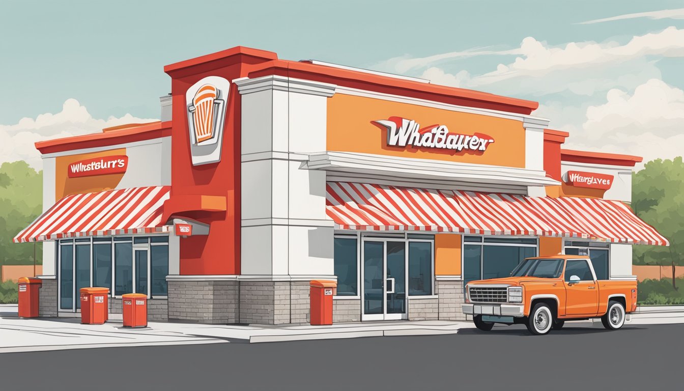 Two fast-food restaurants side by side, each with a bustling drive-thru and crowded outdoor seating area. The iconic red and white stripes of Whataburger contrast with the red and white checkered pattern of Five Guys