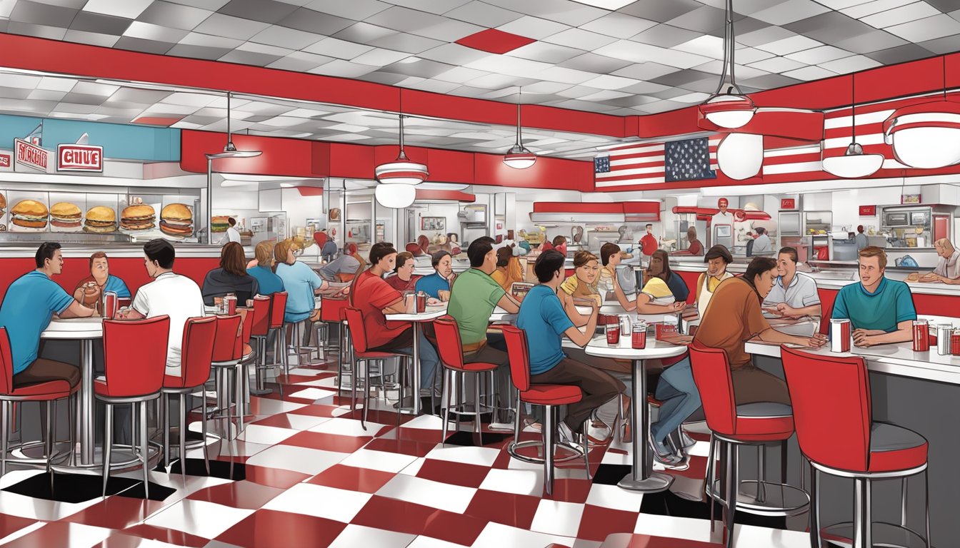 A crowded and lively restaurant with red and white checkered tables, patrons enjoying burgers and milkshakes at Five Guys and Steak 'n Shake