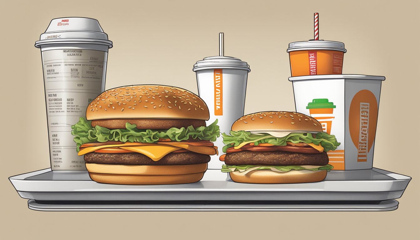 A table with two trays of fast food, one from Five Guys and the other from Whataburger, each with their respective nutritional information displayed