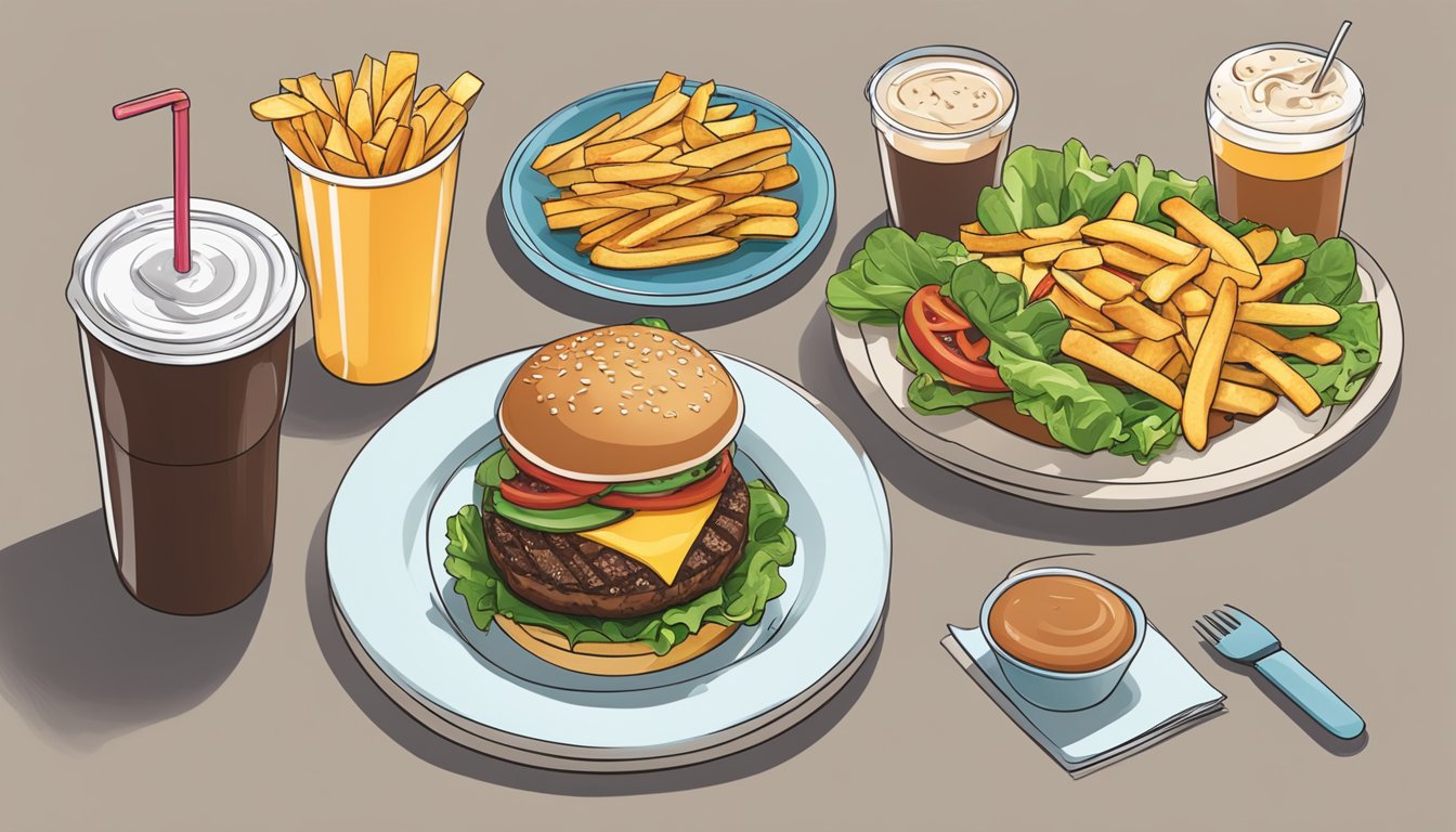 A table with burger, fries, and milkshake on one side, and a steak, salad, and soda on the other. Nutritional labels displayed next to each item