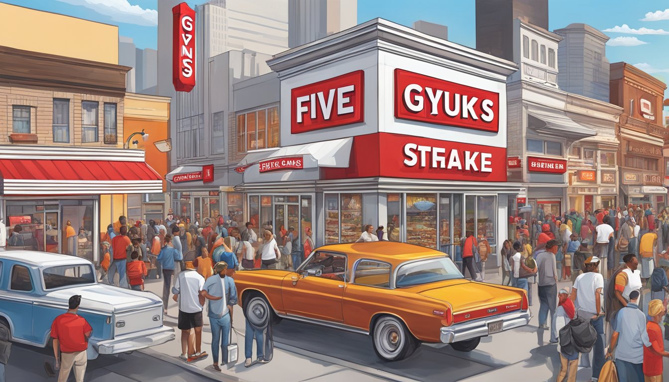 Five guys and Steak n Shake logos on storefronts, surrounded by bustling crowds and vibrant cityscape