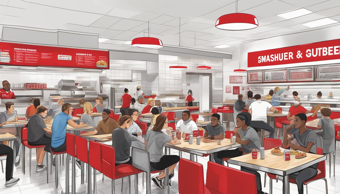 A bustling and lively dining atmosphere at Five Guys, with customers enjoying casual, fast-paced service. In contrast, Smashburger offers a more relaxed and cozy experience, with a focus on quality ingredients and attentive service