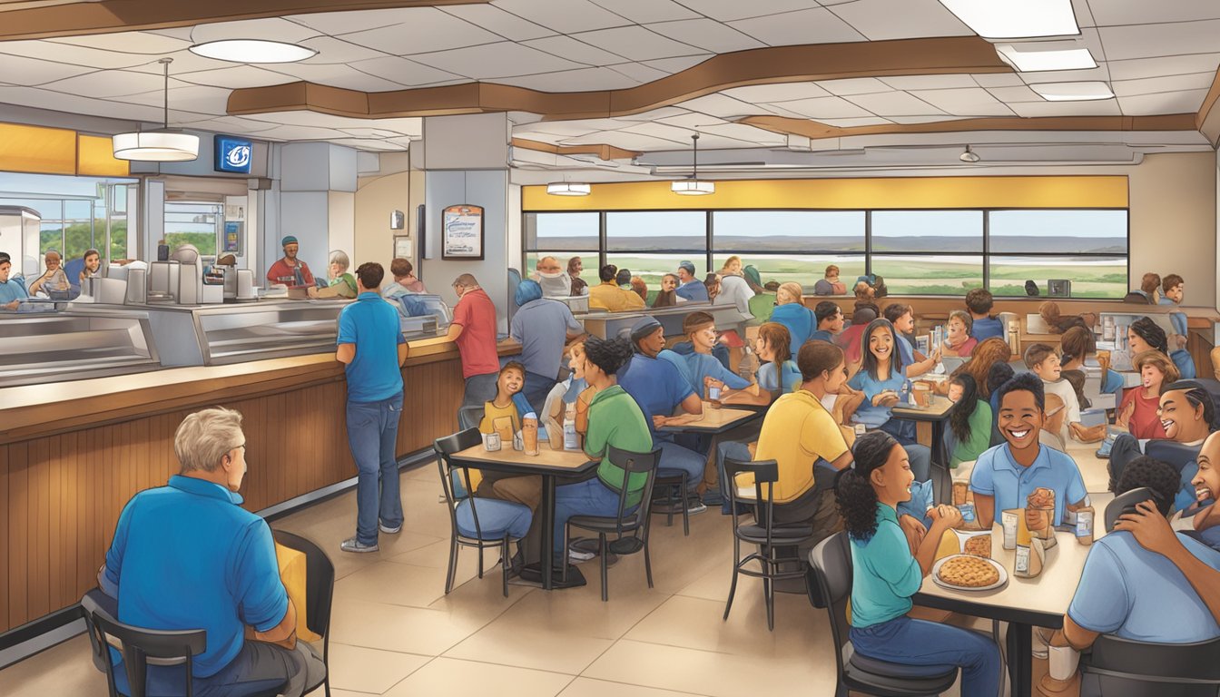 A crowded Culver's dining area with smiling customers enjoying their meals, while a busy Smashburger drive-thru line with satisfied patrons waiting for their orders