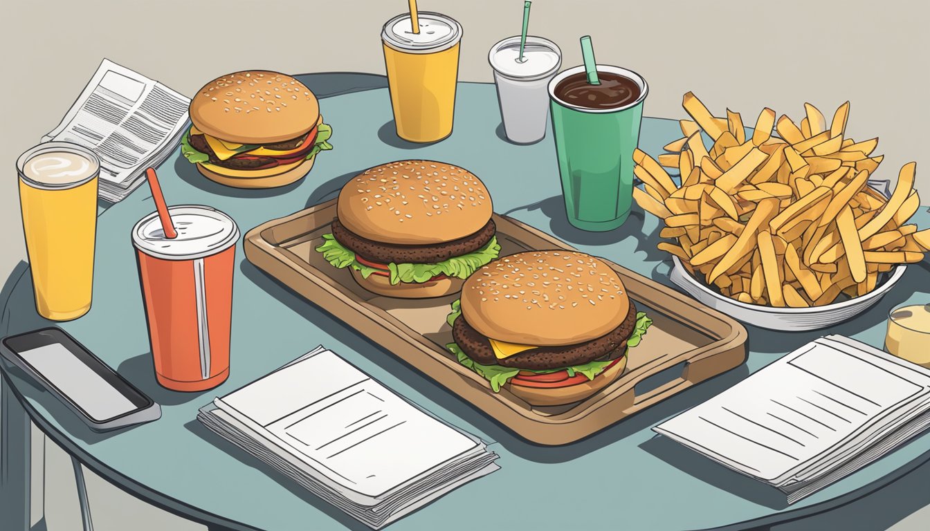 A table with two trays of burgers, fries, and drinks. Nutritional labels and health pamphlets scattered around