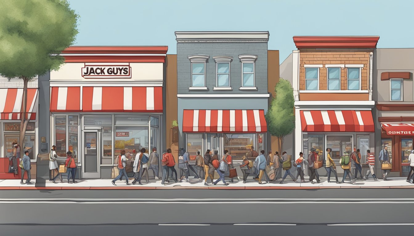 A bustling city street with a Five Guys and Jack in the Box restaurant side by side, each with a line of customers out the door