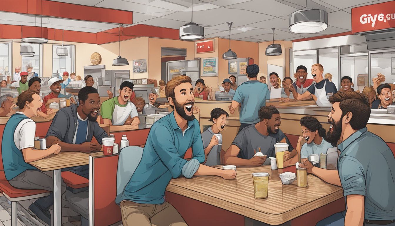 A crowded restaurant with smiling customers at Five Guys, while a frustrated customer argues with a Jack in the Box cashier