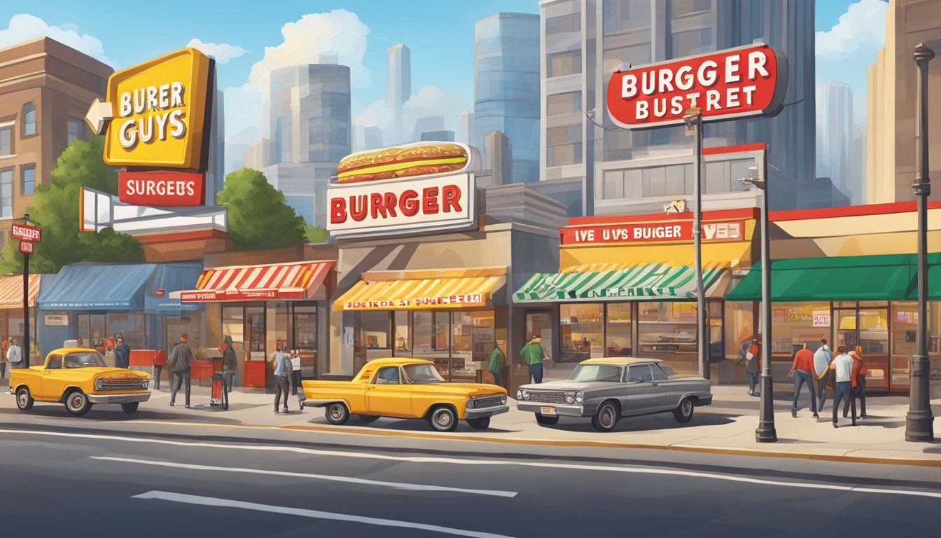 A bustling city street with two iconic burger restaurant signs side by side, Five Guys and Fatburger, standing out against the urban backdrop