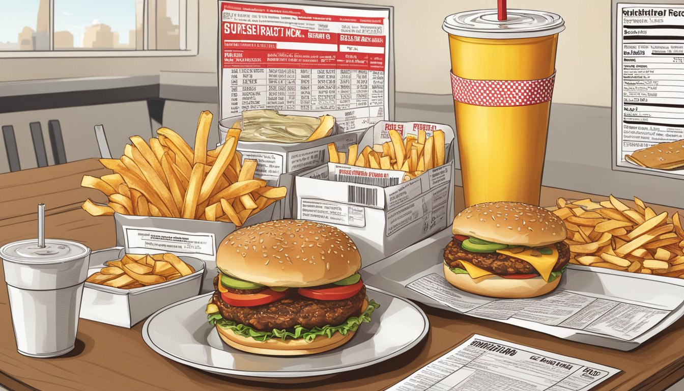 A table with burger, fries, and drink from Five Guys and Jack in the Box, surrounded by nutritional information labels