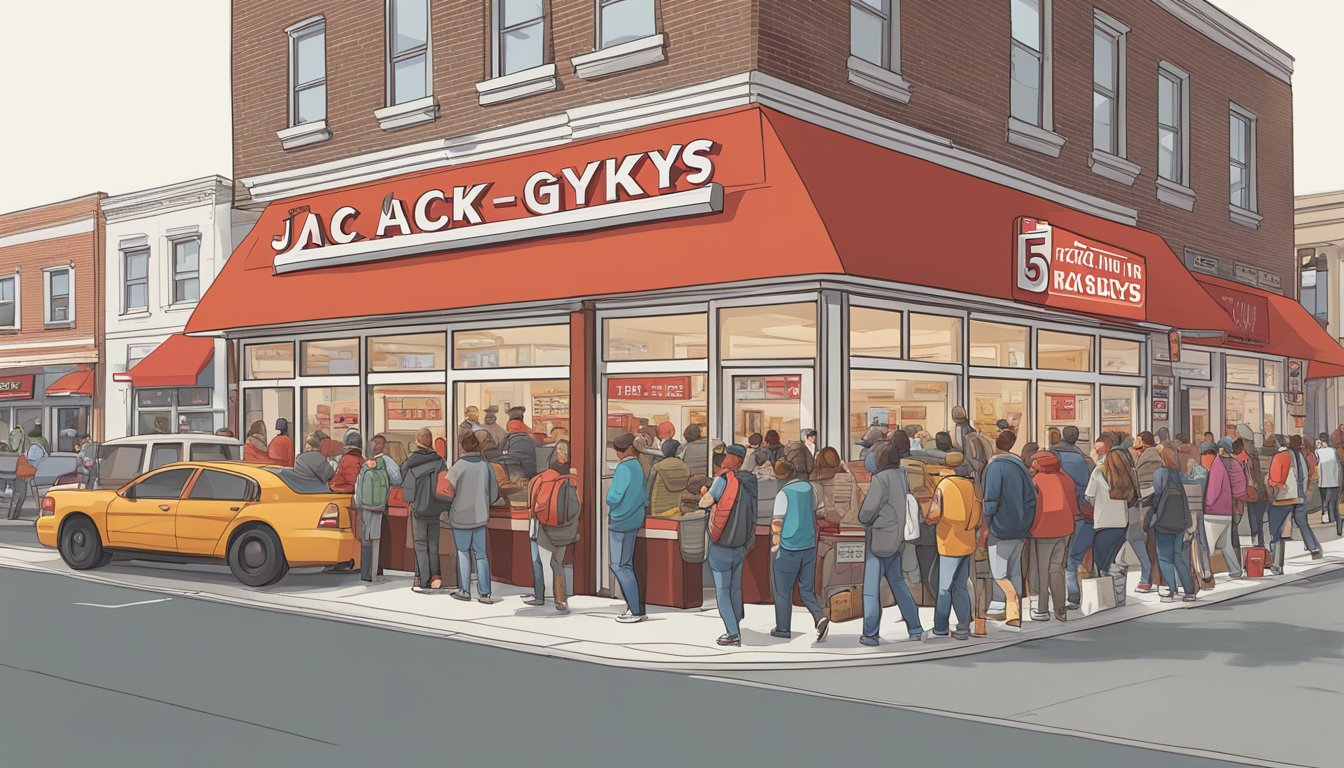 A crowded street with a line of people outside a Five Guys and a Jack in the Box, with distinct branding and signage for each restaurant