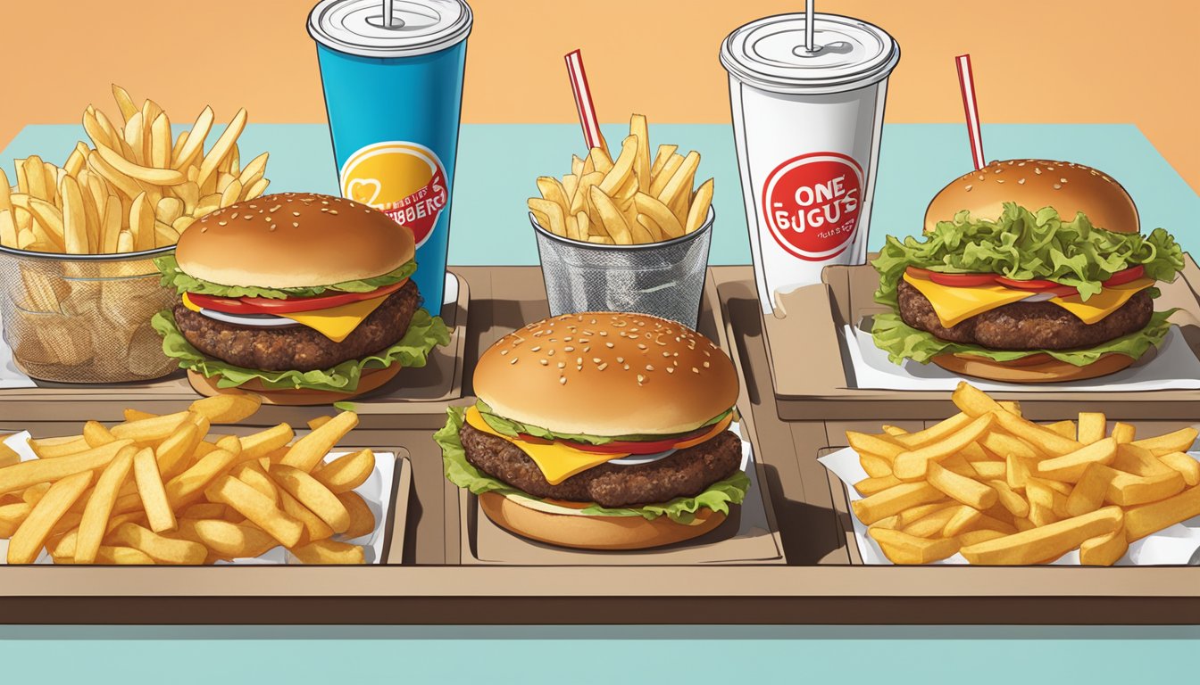 A table with two trays of burgers, fries, and soda. One tray has Five Guys' logo, the other has Fatburger's