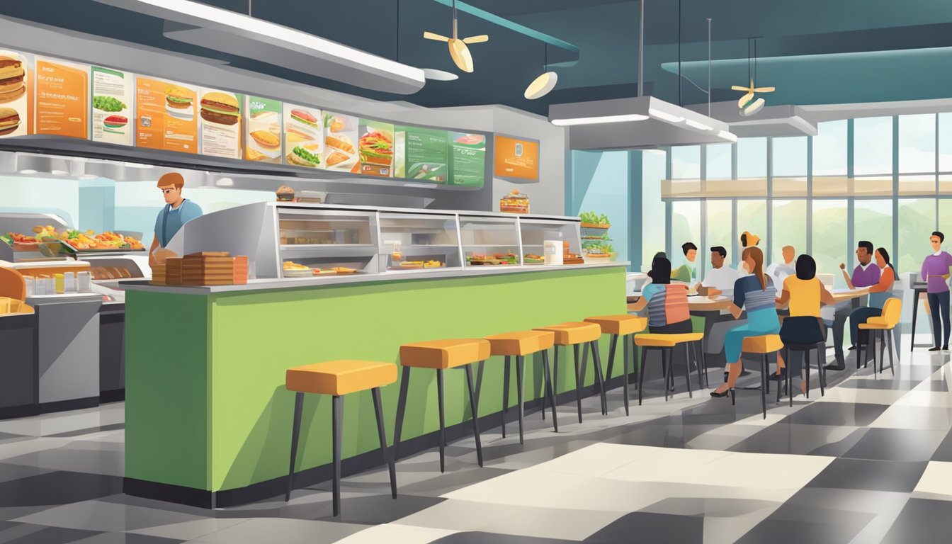 A bustling fast-food restaurant with a clean, modern interior and friendly staff serving customers at the counter and drive-thru