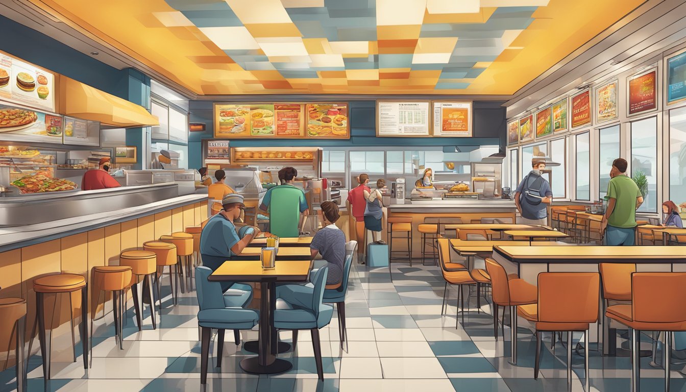 A bustling fast-food restaurant with unique menu items and vibrant branding