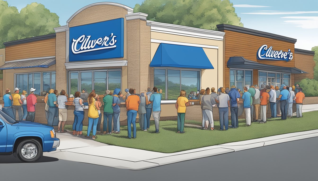 A line of customers forming outside Culver's, while a smaller crowd gathers at Hardee's drive-thru. Both restaurants' logos prominently displayed