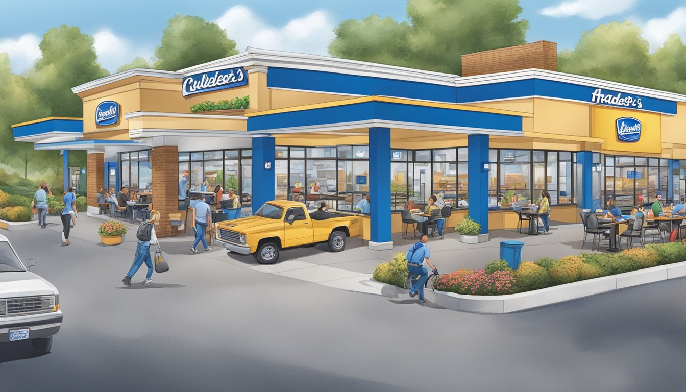 A bustling fast-food restaurant with Culver's and Hardee's signs, busy drive-thru lanes, and customers enjoying their meals at outdoor tables