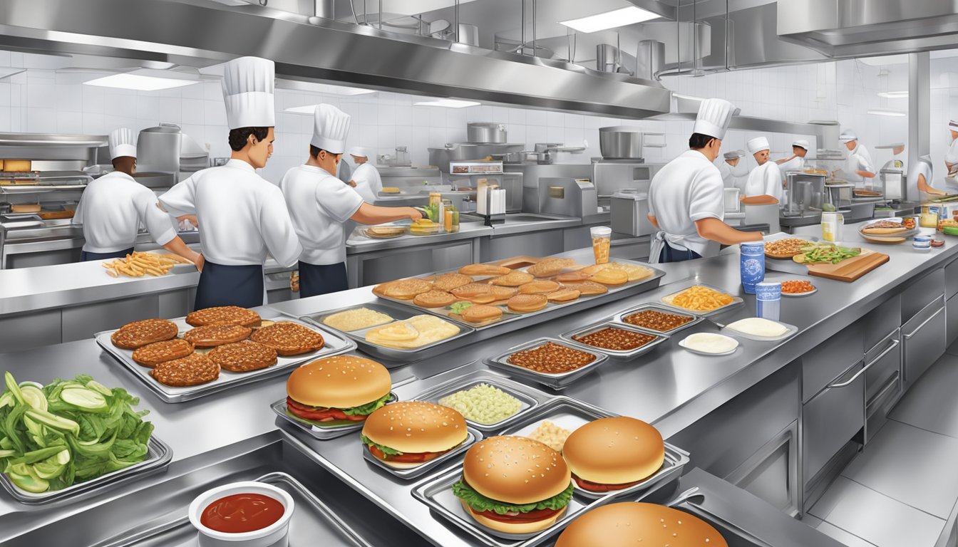 A bustling restaurant kitchen with a variety of toppings and condiments spread out on a counter, as chefs prepare customized burgers at Five Guys and Culver's