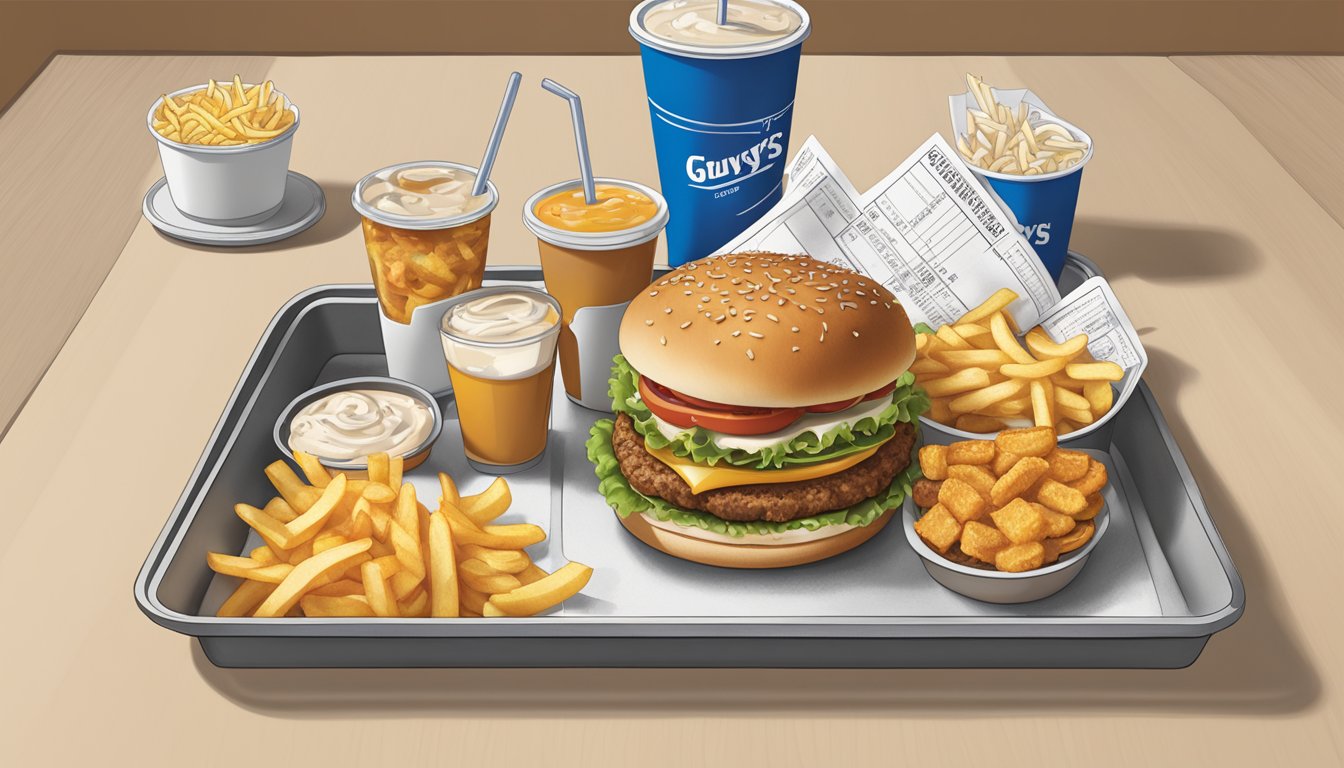 A table with two trays of food, one from Five Guys and one from Culver's, displaying burgers, fries, and drinks with nutritional information labels