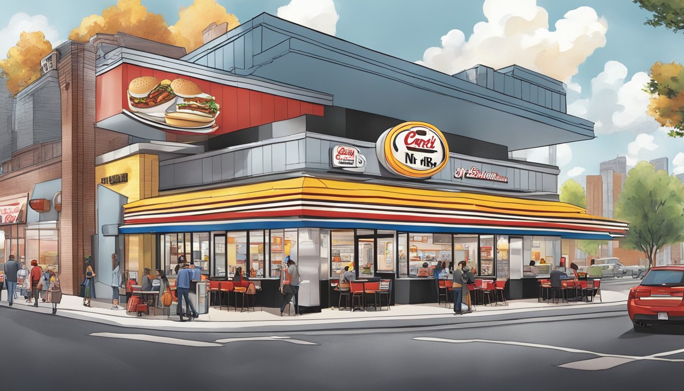 A bustling restaurant scene with iconic signage and distinct architecture for Carl's Jr. and Steak 'n Shake, surrounded by a mix of urban and suburban elements