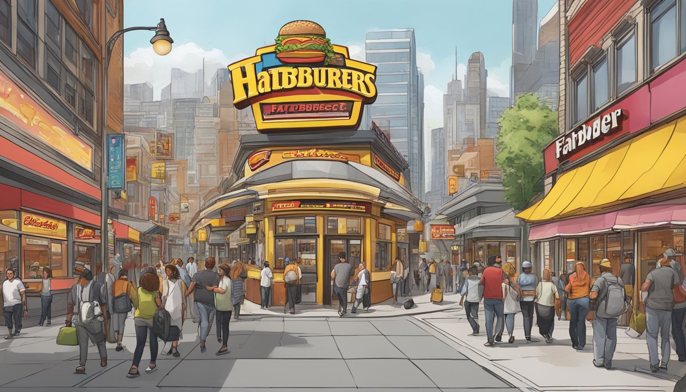 A bustling city street with a Fatburger and Hardee's restaurant facing each other, with colorful signage and people entering and exiting the establishments