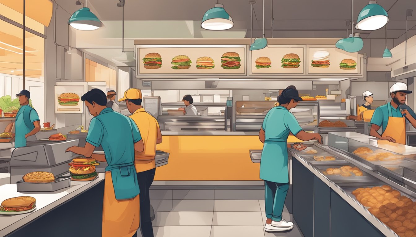 A bustling fast-food restaurant with customers customizing their burgers at a counter, while employees prepare orders in the kitchen