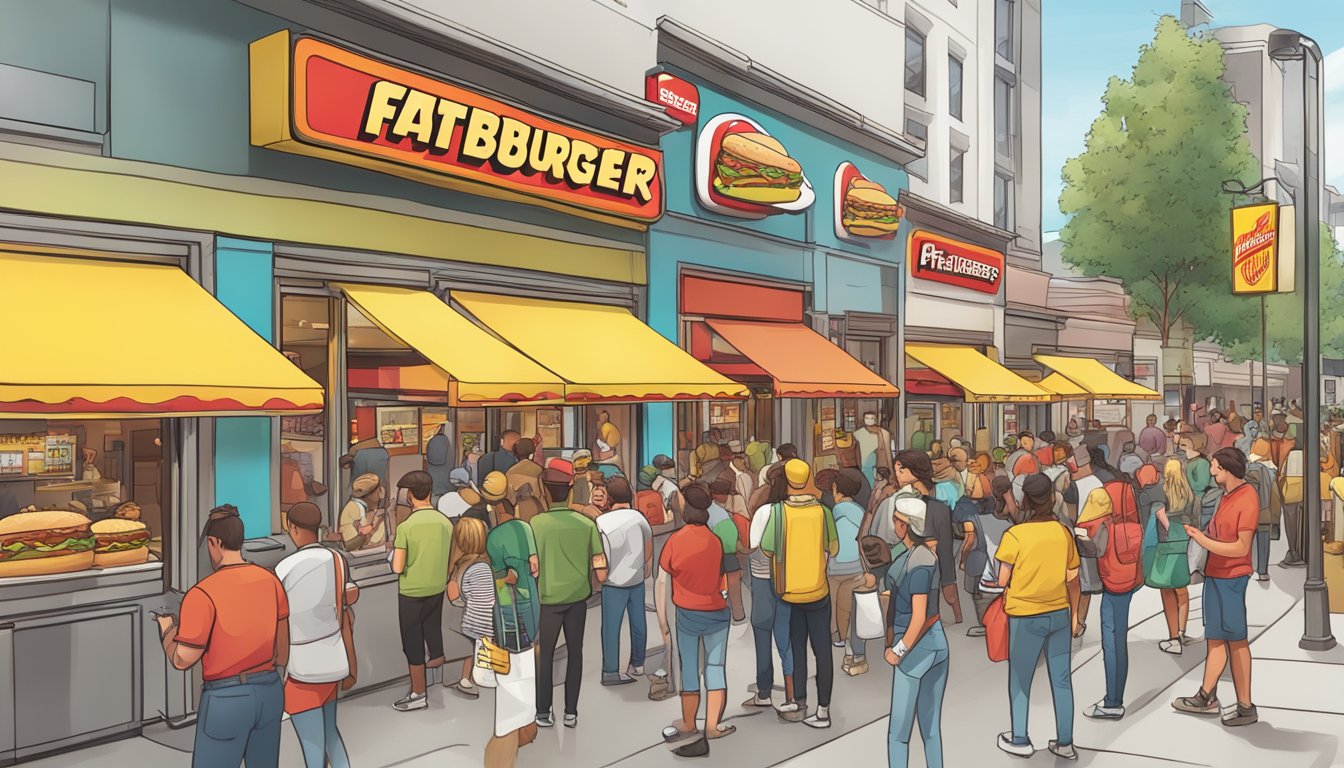 A crowded street with a long line of people outside a Fatburger and a Hardee's, both with colorful signage and happy customers