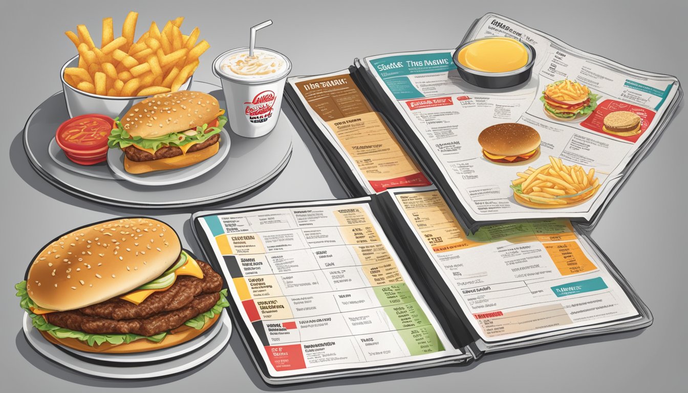 A table with two fast food menus, one from Carl's Jr and the other from Steak 'n Shake, displaying nutritional information and dietary options