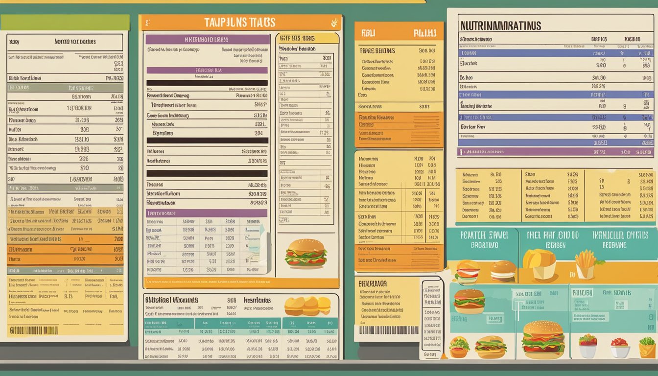 A table with two fast food menus and nutritional information charts side by side