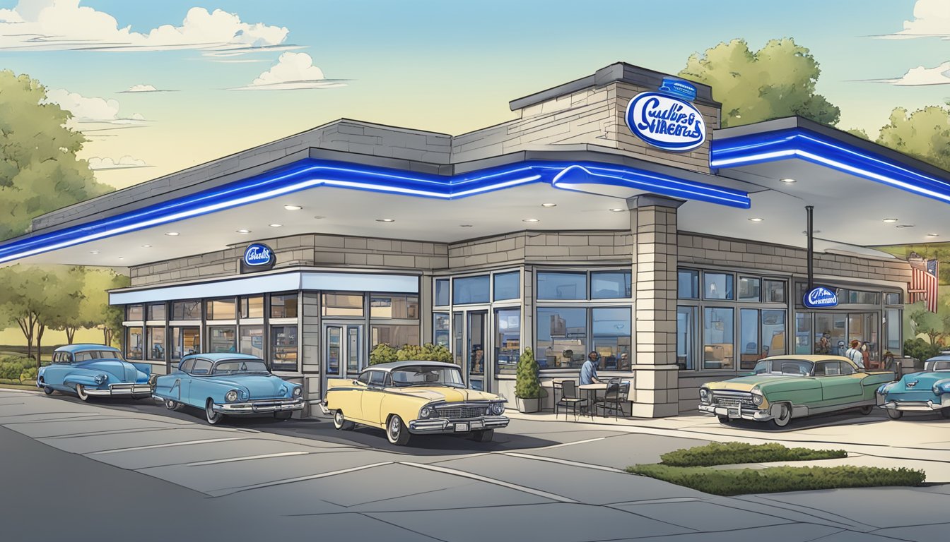 A bustling Culver's restaurant with a line of cars at the drive-thru, while a Steak 'n Shake diner sits empty